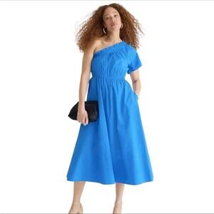 J. Crew Blue Poplin One Shoulder Midi Dress Sz Large Smocked Waist